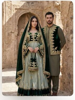 Luxury Green Embellished Velvet & Chiffon Anarkali Dress